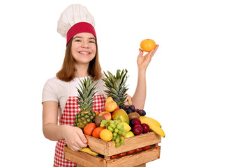 happy female cook with different fruit