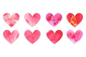 Fototapeta na wymiar Set of vector watercolor hearts. Hand-drawn various red pink orange hearts isolated on white background. Wedding or Valentine s Day template. Love concept
