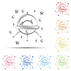 Ufo flaying saucer multi color icon. Element of space hand drawn icon on white background