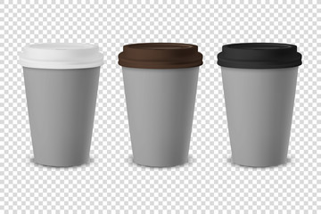 Vector 3d Gray Realistic Disposable Closed Paper, Plastic Coffee Cup for Drinks with White, Brown and Black Lid Set Closeup Isolated on Transparent Background. Design Template, Mockup. Front View