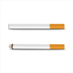 Vector 3d Realistic White Clear Blank Whole and Lit Cigarette Set Closeup Isolated on Transparent Background. Design Template. Smoke Problem Concept, Tobacco, Cigarette Mockup. Front, Top, Side View