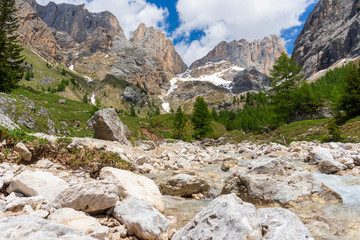 Beautiful summer view of Marmolada massif from Val Rosalia , Dolomites, Italy.