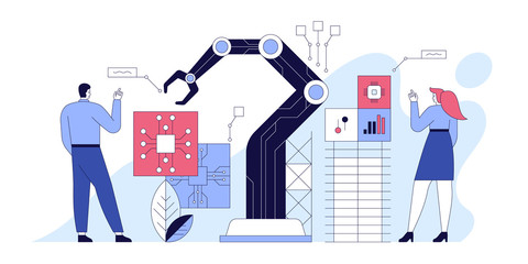 Engineers check and control automation robot arms