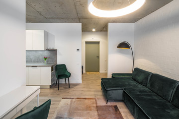 Entrance to the studio apartment. Modern interior. Living room with furniture.