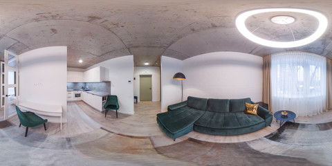 360 panorama view in modern loft apartment interior. White kitchen set. Living room. Entrance.