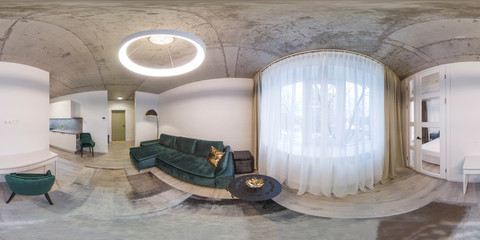 360 panorama view in modern loft apartment interior. Living room. Window with curtain.