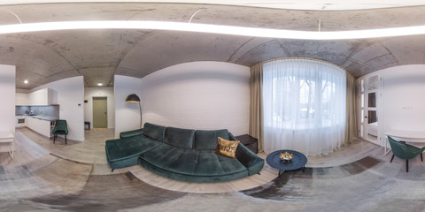 360 panorama view in modern loft apartment interior. Living room. Window with curtain.