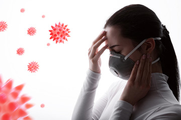 Closeup portrait of young woman in protective respirator. Female wearing medical mask. Coronavirus 2019-nCov. Abstract virus strain model of MERS-Cov.