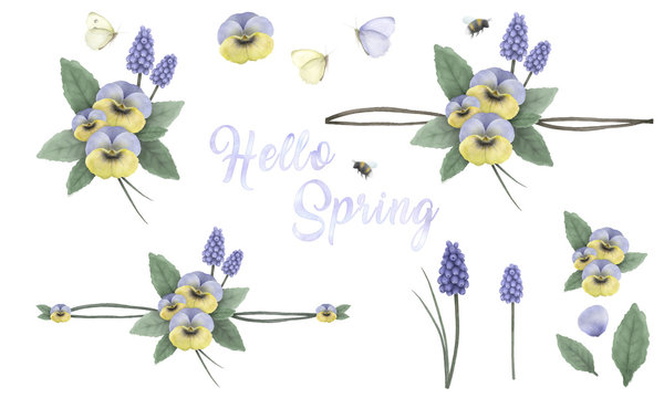 Hello spring, hand painted floral ornaments with viola's, grape hyacinth, bumblebee and butterfly, hand painted delicate and elegant flowers