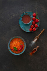 Red lentils, tomatoes,  tomato paste and spices, ingredients for cream soup cooking