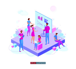 Obraz na płótnie Canvas Trendy flat illustration. Office workers planing business mechanism, analyze business strategy and exchange ideas. Brief. Presentation. Training. Template for your design works. Vector graphics.