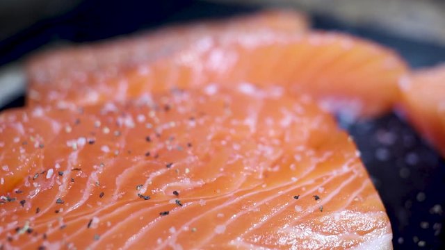 close up view of fatty fresh salmon being seasoned and prepared for a healthy dinner. the seafood ingredients are tasty and delicious for good meal 