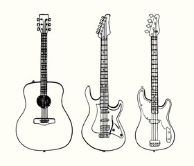 Fototapeta premium Guitars collection, acoustic, electro and bass guitar, hand drawn doodle gravure vintage style, sketch, outline vector illustration