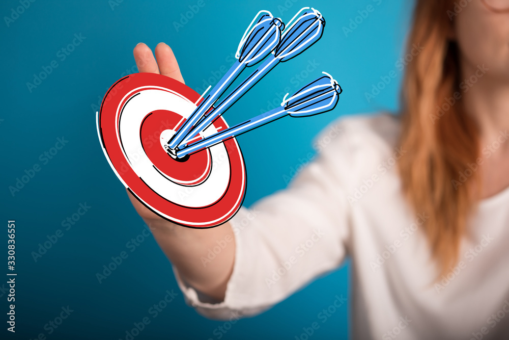 Poster  makes a dart throw on the target. The concept of persistence in business..