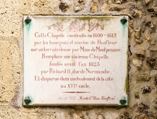 Honfleur, France. Commemorative plaque in the chapel of Notre Dame de Grasse, 1902