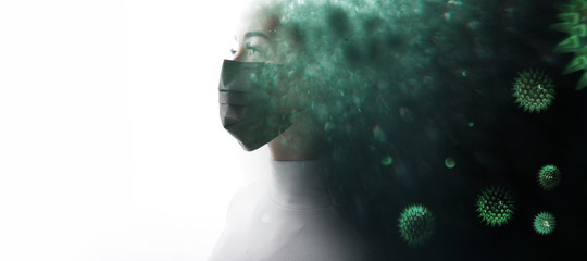 Double exposure of female in medical mask and abstract virus strain model of MERS-Cov. Coronavirus 2019-nCov. Closeup portrait of young woman in protective respirator. Free space for text.
