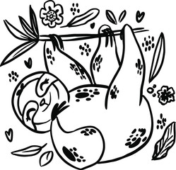 sloth doodle hand drawn coloring page. Cartoon abstract animal in scandinavian style. Wild rainforest animal. Grass branches with leaves, flowers and spots design element. Tropical jungle