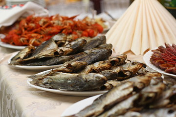  dried fish on a buffet table