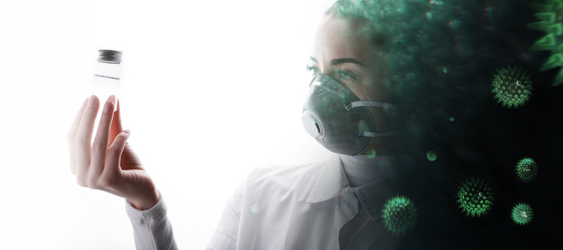 Double Exposure Of Female In Medical Mask And Abstract Virus Strain Model Of MERS-Cov. Coronavirus 2019-nCov. Portrait Of Young Woman Scientist Analyzes Test Tube With Liquid In Hand.  