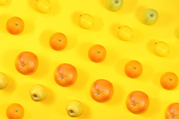 Summer banner, citrus fruits, grapefruit, orange, lemon on a bright yellow background, minimal concept of relaxation and detox, diet and weight loss. Pattern, Flat Layout. Vitamin C Source
