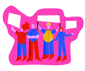 a crowd of workers, including men and women, are standing with signs and banners. The illustration is drawn in the style of a cartoon. Isolated object.