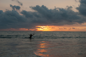 Fototapeta premium Man Fishing Nets when Sunset at Anyer Beach #1 