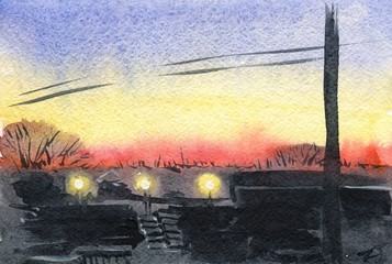 The sunset in the city. Watercolor painting
