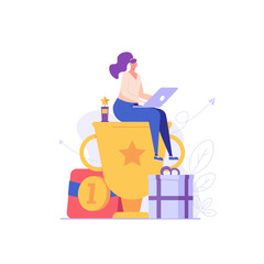 Woman sitting and holding winner cup. Reward program and receiving rewards. Concept of earn reward loyalty, bonus, business award. Vector illustration for UI, mobile app