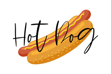 Cartoon fast food hotdog with lettering restaurant menu advertisung design template. Hot dog sausage in bread with mustard isolated vector promo illustration