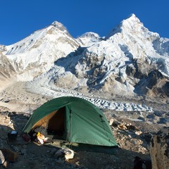 mount Everest, Lhotse and nuptse and green tent