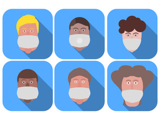 Man in a medical mask in a flat style with a long shadow. Icon set. World pandemic COVID-19. Coronavirus 2019-nCoV, middle east respiratory syndrome. Vector illustration