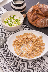 Breakfast cereal with milk, cottage cheese, ready to eat on the table