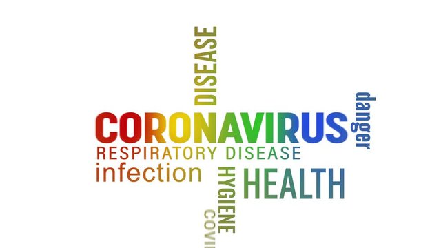 Video animation of a keyword cloud with colourful text over white background - Coronavirus - Covid-19 - SARS-CoV-2
