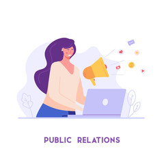 PR manager attracting customers with megaphone. Concept of PR, targeting, marketing. Successful work in Internet. The concept of journalism, target marketing, online advertising in flat design