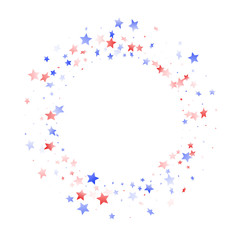 Flying red blue white star sparkles on white vector american patriotic background.