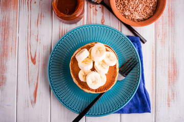 Delicious breakfast on a light table.