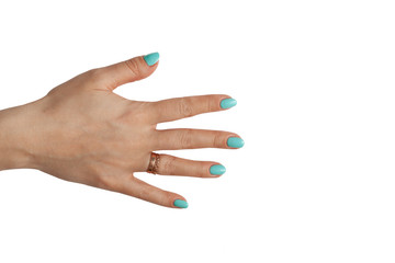 Woman hand with turquoise nails and wedding rings isolated on white background