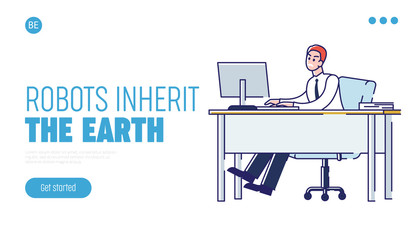 Concept Of Overworked. Website Landing Page. Angry Office Worker Working On the Computer. Stressed Character Trying To Complete Work. Web Page Cartoon Linear Outline Flat Style. Vector Illustration