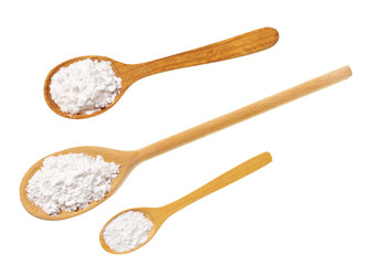 Corn starch in a wooden spoon Isolated on a white background. Top view.