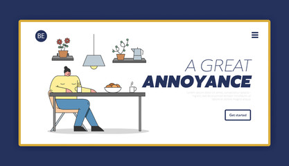 Concept Of Annoying In Communications. Website Landing Page. Annoyed Woman Sitting At The Table And Drink Coffee. Difficulties In Friendship. Web Page Cartoon Linear Outline Flat Vector Illustration