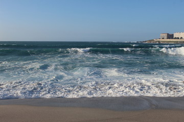 Waves and bad wheater in A Coruna city, in Spain