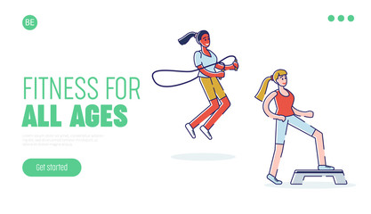 Trainings In Gym Concept. Website Landing Page. Characters Are Jumping Rope And Do Basic Step. People Exercising With Professional Equipment. Web Page Cartoon Linear Outline Flat Vector Illustration