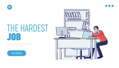 Concept Of Stressed Office Situations, Work And Staff. Website Landing Page. Young Employee Is Hiding Behind Armchair In The Office. Web Page Cartoon Linear Outline Flat Style. Vector Illustration