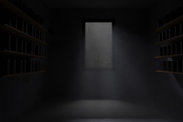 3d rendering of a concrete air-raid shelter with light rays at window