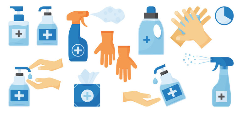 Disinfection. Hand hygiene. Set of hand sanitizer bottles, washing gel, spray, wet wipes, liquid soap, rubber gloves, napkins. Vector illustration