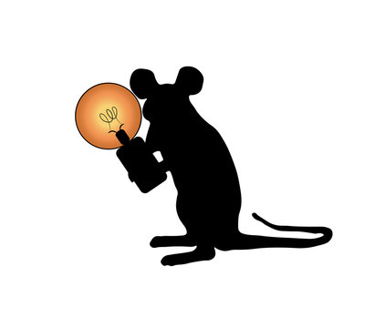 Mouse, rat, holding a light bulb, lamp, light, decoration, black, color