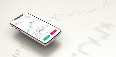 Stock exchange smartphone app with general info shown on screen on white background and UI (3D Illustration)