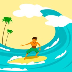 Obraz na płótnie Canvas Young guy surfing on the background of billowing waves and palm trees. Summer fun, cartoon illustration.