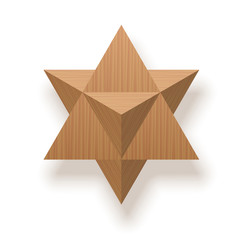 Star tetrahedron, Merkaba, Mer-Ka-Ba, stellated octahedron, stella octangula, 3D extension of the Star of David. Wooden textured isolated vector illustration on white background. - obrazy, fototapety, plakaty