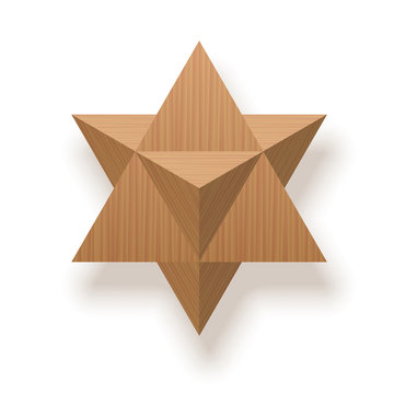Star tetrahedron, Merkaba, Mer-Ka-Ba, stellated octahedron, stella octangula, 3D extension of the Star of David. Wooden textured isolated vector illustration on white background.